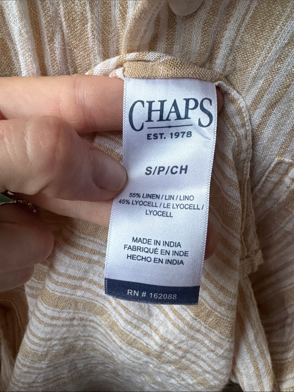 Chaps Linen Blend Short Sleeve Button Down Shirt in Cream and Tan Stripes, Small - Picture 3 of 5